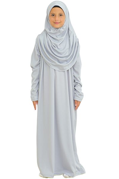 Modish Group Two Pieces Kids Prayer Dress Set Suit with Scarf, Islamic Clothing Suit for Girls - Gray