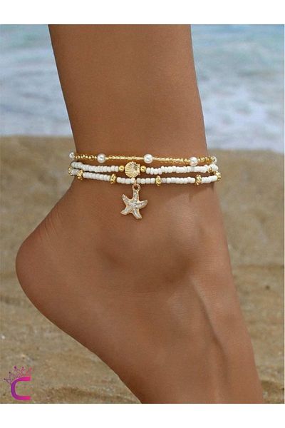 Cinderella 3-Piece Combination Seashell Pearl Star Miyuki Bead Anklet - Beach Jewelry Foot Bracelet Jewelry
