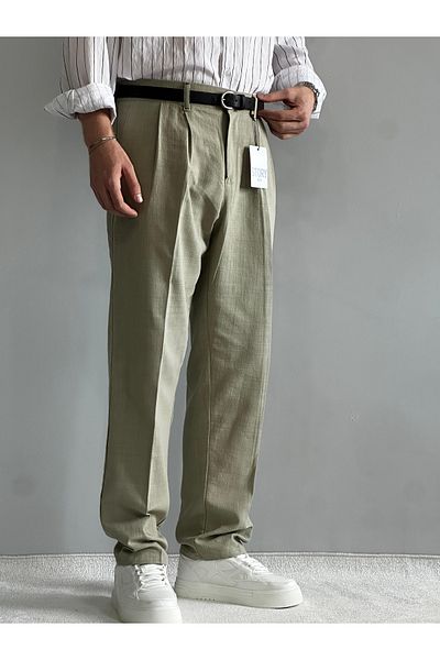 BASEL.CO Pleated Baggy Comfortable Fit Linen Trousers