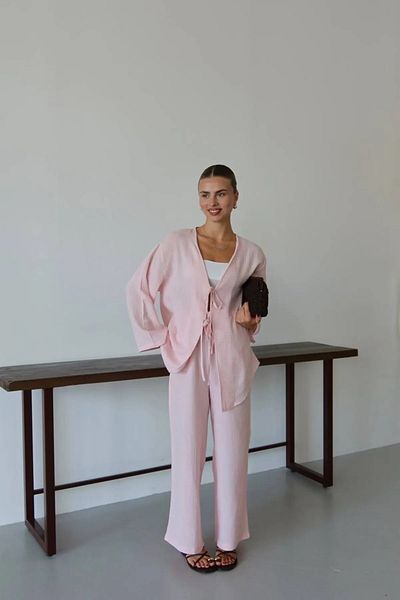 Elysira Tie-Up Linen Bottom Top Women's Kimono Set