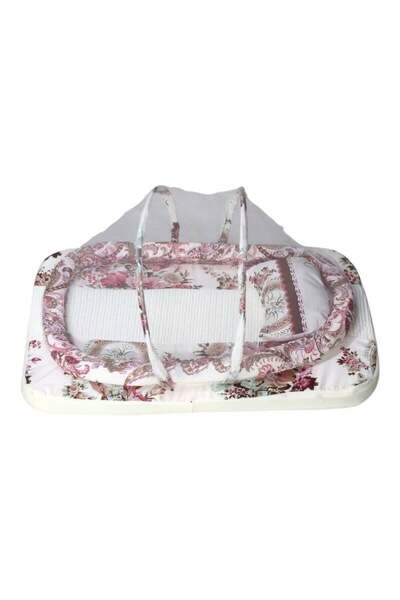 BabyCara Baby Net Bed with Thick Mattress Mosquito Net & Neck Pillow for New Born Babies 80x50x5cm RedRose