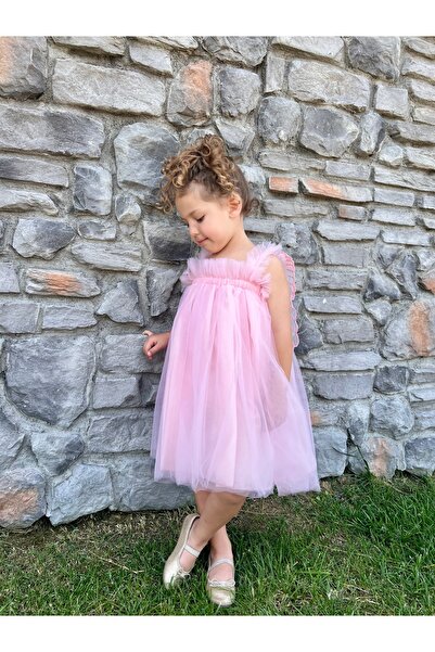 penu baby kids Pembe Askılı Tül Jile Arkası Kelebek Kanatlı Kız Çocuk Kız Bebek Elbise