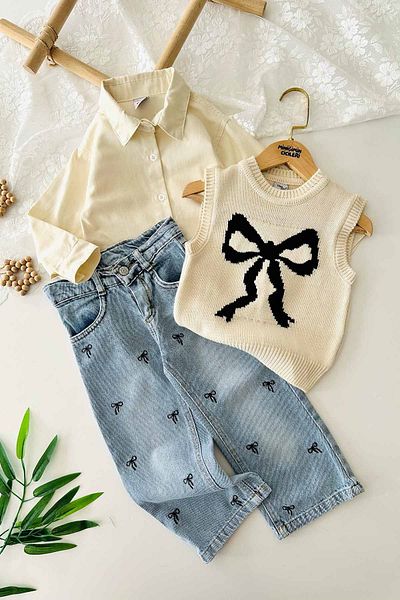 Minigimin Cicileri My Little Girl's Pimples Bow Patterned Sweater Girl's 3-Piece Jeans Suit - Beige