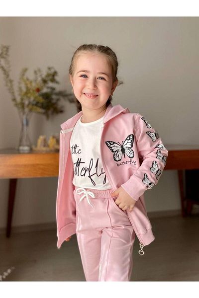 Minigimin Cicileri My Little Cicileri Butterfly Printed Grass Hooded 3-Piece Girl's Set - Pink