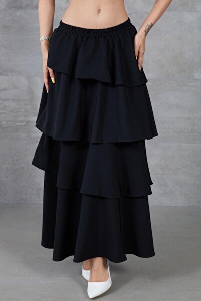 NEW LAVİVA Women's Black Flounced Layered Elastic Waist Kupra Lined Crepe Skirt Suitable for Hijab