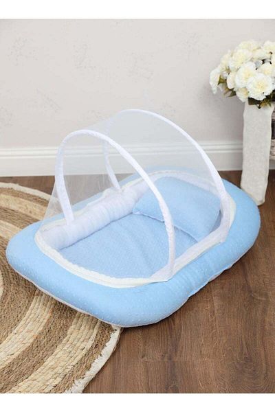 BabyCara Baby Net Bed with Thick Mattress Mosquito Net with Zip Closure & Neck Pillow for Newborn Baby Blue