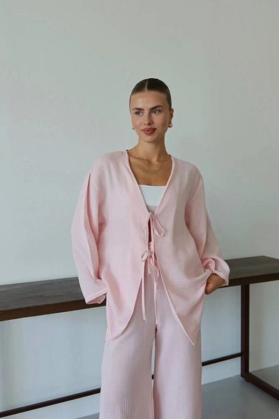 Elysira Tie-Up Linen Bottom Top Women's Kimono Set