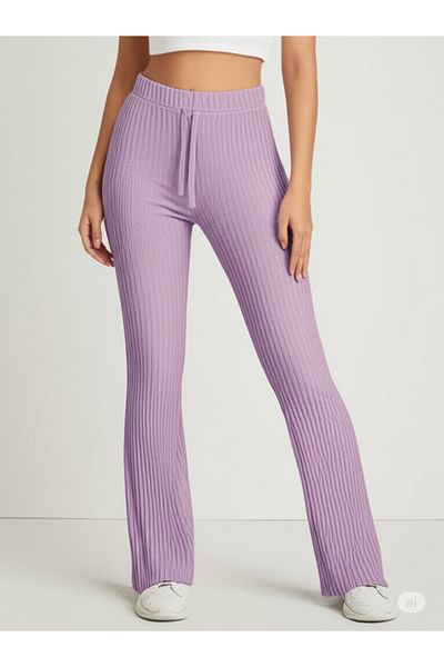 DHDmoda Women's Lilac Color Elastic Waist Slim Twill Fabric Sweatpants