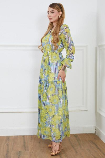 NEW LAVİVA Women's Graphic Pattern Red V Neck Lined Elastic Waist Chiffon Dress Suitable for Hijab