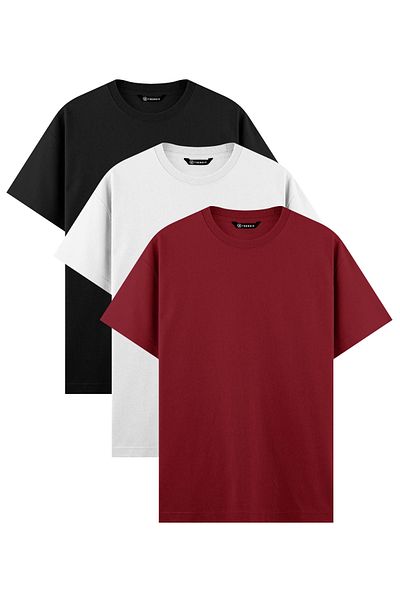 Trendiz Ανδρικό μπλουζάκι 100% βαμβακερό Basic 3 Pack Black White Claret Red 2091
