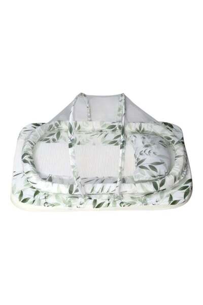 BabyCara Baby Net Bed with Thick Mattress Mosquito Net & Neck Pillow for New Born Babies 80x50x5cm Leaf