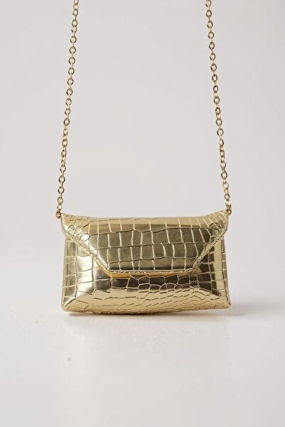 Crazy Women's Gold Color Chain Strap Crocodile Patterned Mini Shoulder Bag – Evening Bag – Portfolio Style