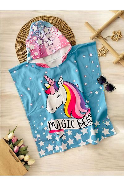 Minigimin Cicileri My Little Cicileri Magic Beac Uncrn Patterned Girl's Poncho Towel - Light Blue