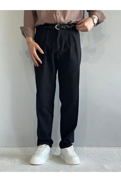 BASEL.CO Pleated Baggy Comfortable Fit Linen Trousers