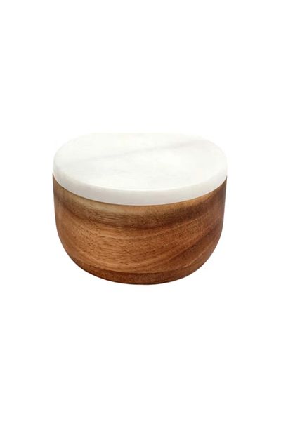 OEM Spice bowl with lid, 10.7 x 6.9 cm, acacia wood, marble, natural, gray