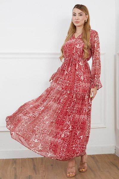 NEW LAVİVA Women's Graphic Pattern Red V Neck Lined Elastic Waist Chiffon Dress Suitable for Hijab