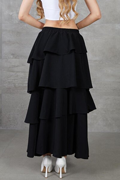 NEW LAVİVA Women's Black Flounced Layered Elastic Waist Kupra Lined Crepe Skirt Suitable for Hijab