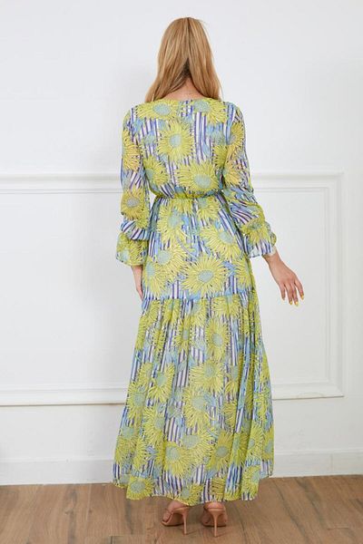 NEW LAVİVA Women's Graphic Pattern Red V Neck Lined Elastic Waist Chiffon Dress Suitable for Hijab