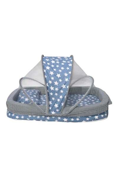 BabyCara Baby Net Bed with Thick Mattress Mosquito Net & Neck Pillow for New Born Babies 80x50cm Blue
