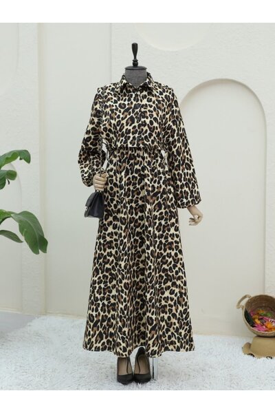 Meis Concept فستان بتفاصيل قميص وطبعة نمر - مينك