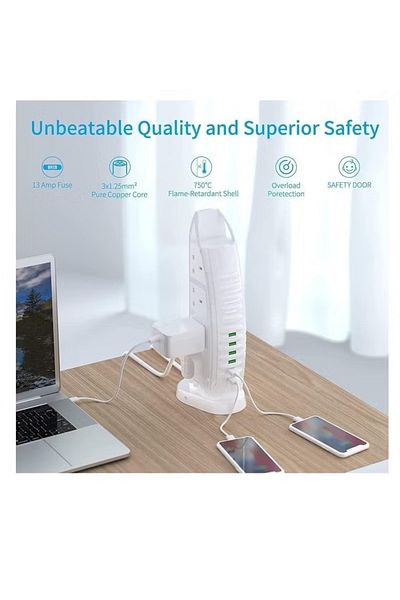 powermax 14-in-1 Power Strip Extension Socket Tower – 8 AC Outlets + 6 USB Ports (2.1A) 2500W