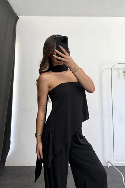 MOZENA Scarf Strapless Asymmetrical Blouse and Pants Two Piece Set