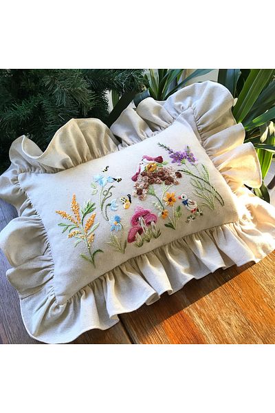 Home Fairy Tale Themed Baby Pillow. Wildflower Embroidered Hand Embroidered Linen Fabric with Inner Filling 60X45 Size