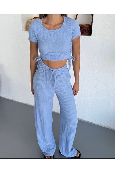 Elysira Women's Crop Textured Pants-Blouse Set with Side Ties