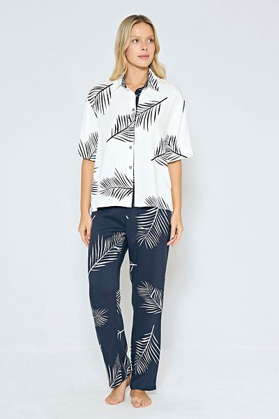 civetta 100% Viscose Woven Navy Blue Leaf Patterned Front Buttoned Pajama Set