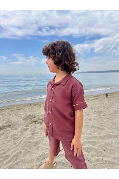 Cigit Embroidered Sleeves Shirt Shorts Linen Suit 2-7 Years Old Plum