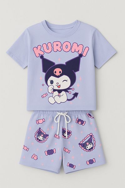Uğur bebe "Girl's Kuromi Printed Lilac Shorts Set - Summer Combed Cotton Set of Two (100% Cotton)