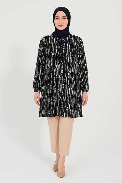 Ravencia Women's Stripe Patterned Woven Tunic Black White
