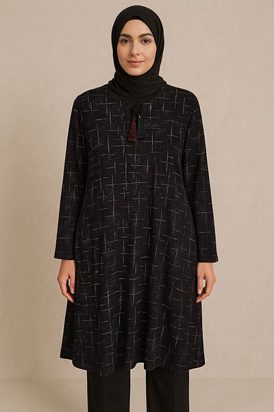 Ravencia Women's Stripe Patterned Drawstring Glitter Tunic Black
