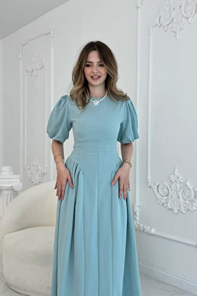 HELİS BUTİK Lněné mátové šaty s zadním zavazováním a stahovacími bočními stranami