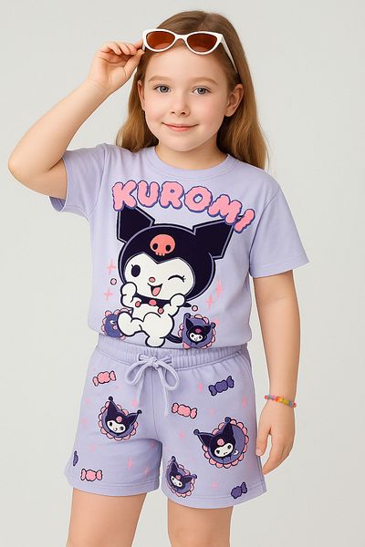 Uğur bebe "Girl's Kuromi Printed Lilac Shorts Set - Summer Combed Cotton Set of Two (100% Cotton)