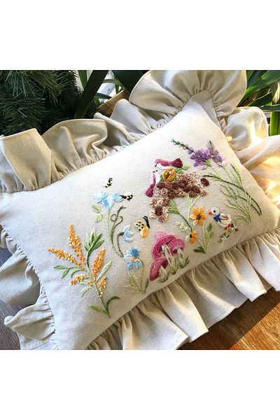 Home Fairy Tale Themed Baby Pillow. Wildflower Embroidered Hand Embroidered Linen Fabric with Inner Filling 60X45 Size