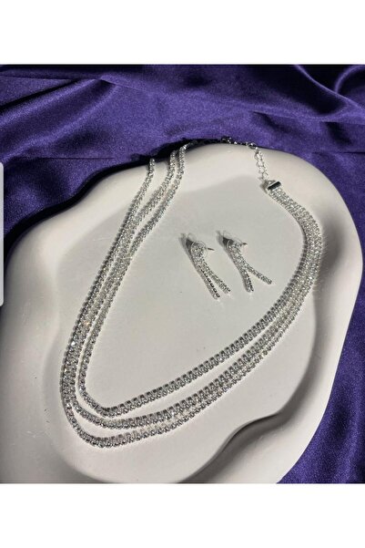 ANGELSS JEWELLERY طقم قلادة وحلق من حجر الزركون الفضي باجيت 3 صفوف (طقم قلادة...