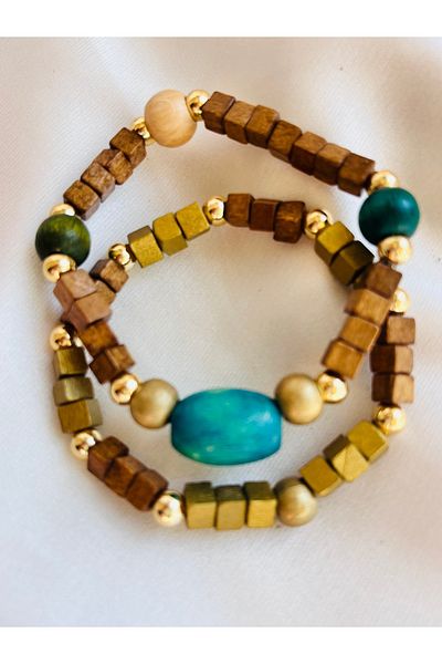 COCOSH TAKI Turquoise and Gold Wood Bead Multi Combination Design Bracelet
