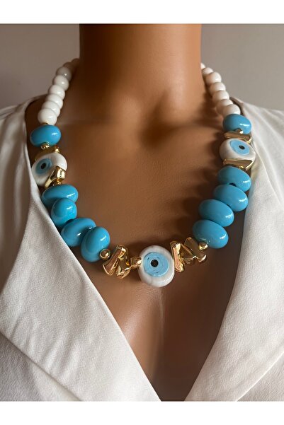 Aka Nazar boncuğu büyük boncuklu yazlık kolye