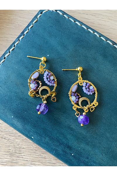 dela otantik Handmade Amatist Stone Beaded Dangle Earrings – Bohemian Ethnic Design Bijoux Jewelry - Earrings