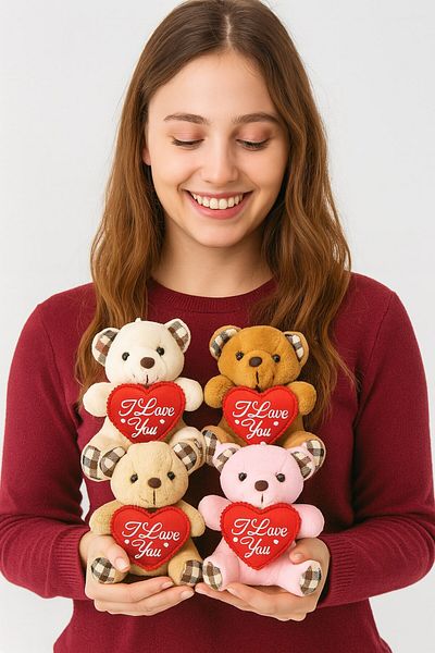 BiTon Toptan 4 Cute Mini Plush Teddy Bears - Heart'I Love You' Message 11X9 cm