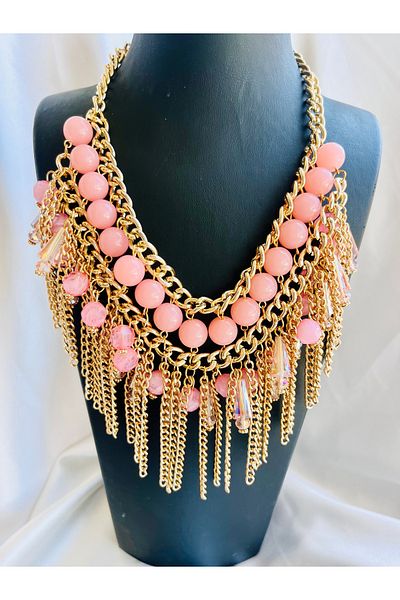 COCOSH TAKI Salmon Pink Color Stone Gold Chain Multi-Design Necklace