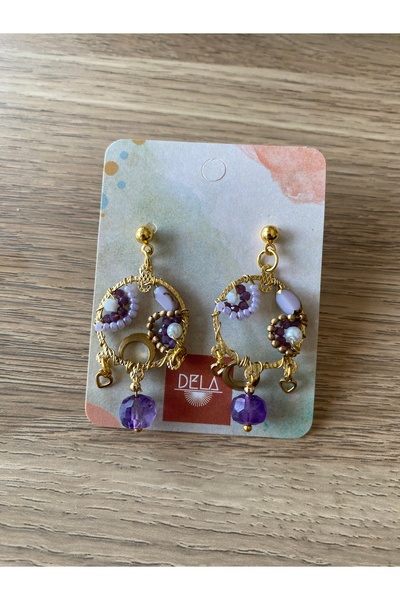 dela otantik El Yapımı Amatist Taşlı Boncuklu Sallantılı Küpe – Bohem Etnik Tasarım Bijuteri Takı - Earrings