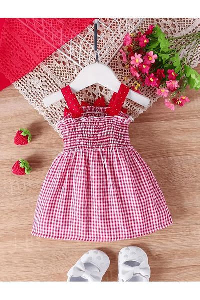 OEM Red and white checked dress with appliquéd strawberries and bows, 9-12 months, 80 cm