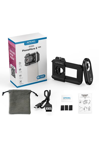 APEXEL Microscope Lens, Phone Micro 5, 150x Zoom, Clamp System For Iphone 16, 15, 14,13,12