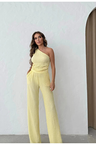 Elysira Single Sleeve Women's Seersucker Pants-Blouse Set