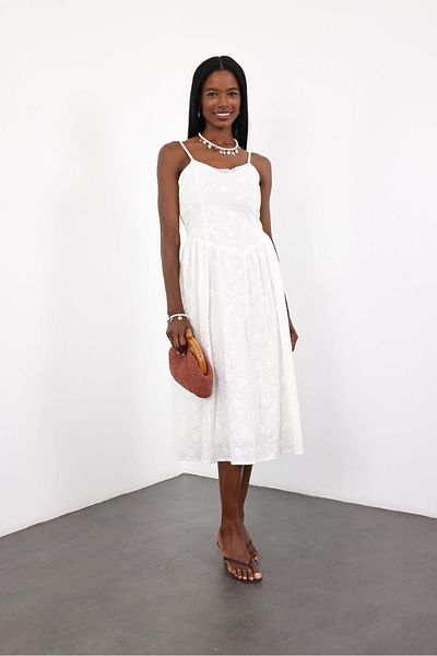 5in1Canpolat White Adjustable Strap Embroidered Dress 1069