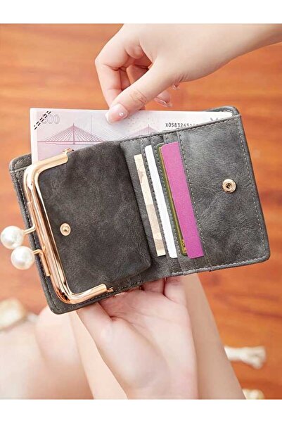 Deri Cuzdan Honey Girl Style Lightweight Pearl Detail, Kiss Lock Closure Multi Card Slot Kiss Lock Women's Gray Wallet