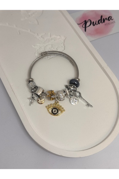 XUPİNGS SİYAH NAZAR GÖZ BONCUĞU - ANAHTAR DETAYLI CHARMLI BİLEKLİK