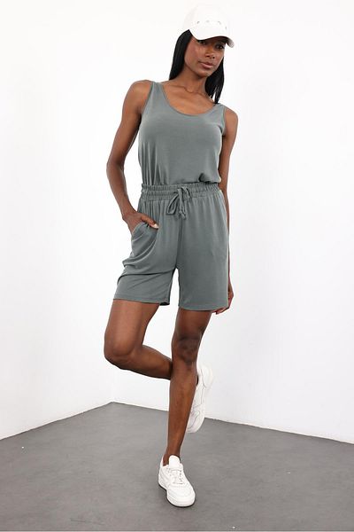 5in1Canpolat Khaki Modal Draped Tank Top Shorts Set